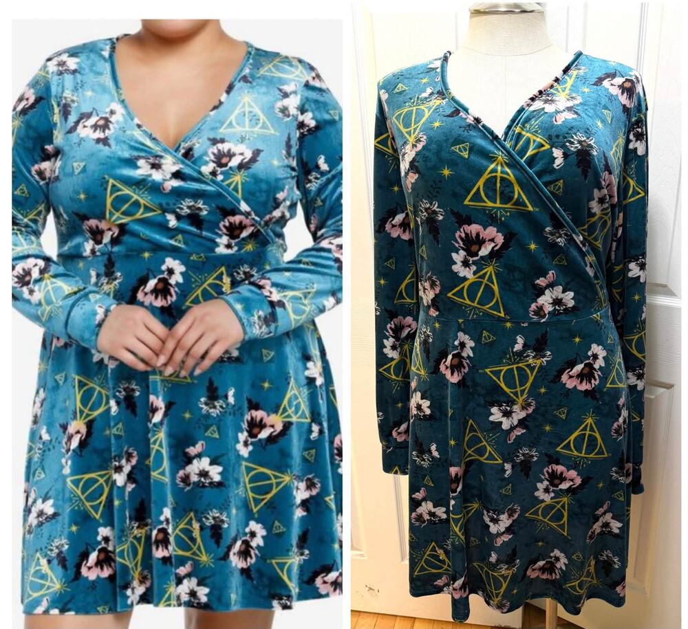 Hot Topic Plus Size 5 Harry Potter Deathly Hallows Floral Velvet Wrap Dress 5X